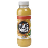 A 330ml clear plastic bottle labeled "Juice Burst - Orange" contains refreshing orange juice. It features a white cap, vibrant orange branding, and a note stating "1 of your 5 a day" beneath the label.
